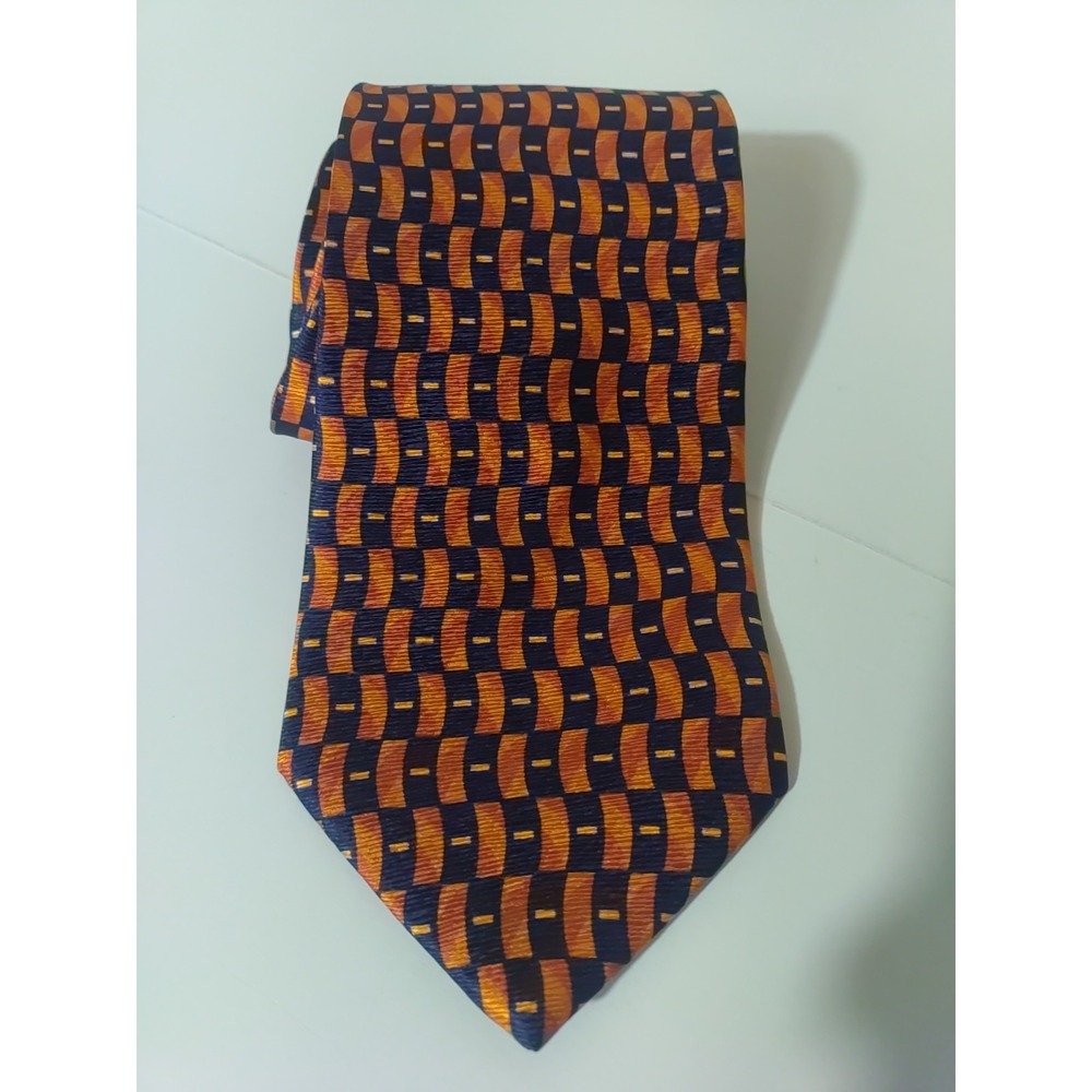 Stafford Men‎ Geometric Orange Blue Italy Made Silk 60"  Tie